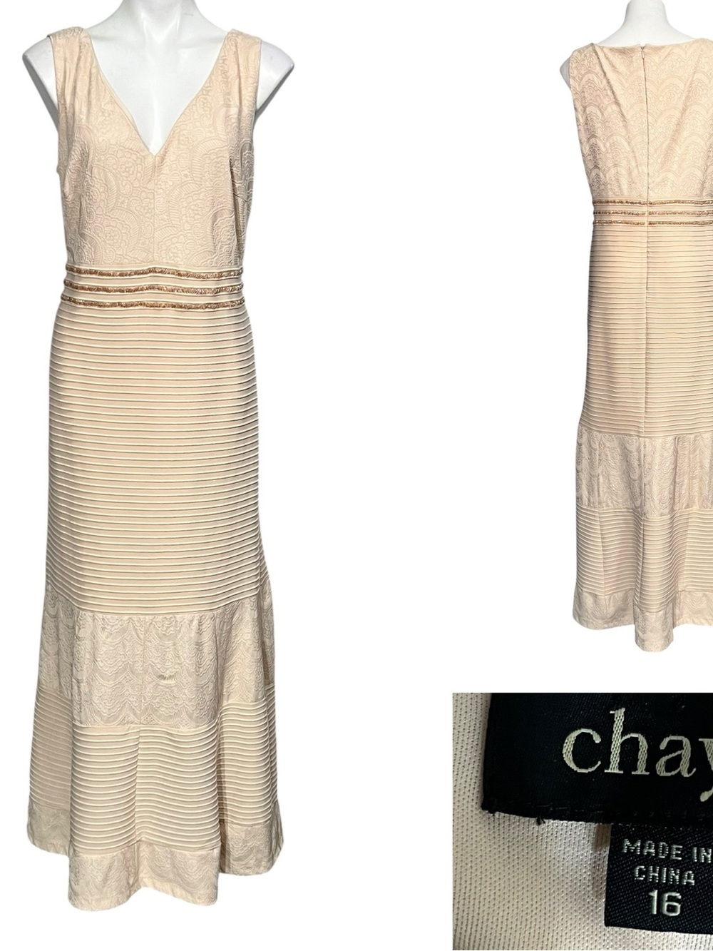 Chaya Maxi formal Dress Sz 16 Cream V-Neck Tiered stretch sleeveless